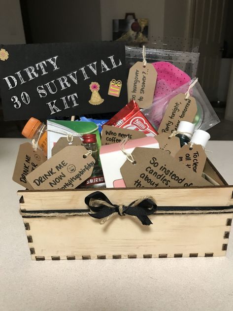 Dirty 30 gift survival kit birthday #50thbirthday #50th #birthday #survival #kit Dirty Thirty Gift Basket, Dirty 30 Gifts, 30 Birthday Gifts, Dirty 30 Birthday Party, Best Birthday Surprises, Birthday Survival Kit, Birthday Surprises For Him, 30th Birthday Ideas For Women, 30th Birthday Themes