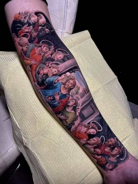 The Last Supper Tattoo, Shock Tattoo, Jesus Tattoo Sleeve, Epic Tattoos, Old Style Tattoos, Catholic Tattoos, Christ Tattoo, Wolf Tattoo Sleeve, Lighthouse Tattoo