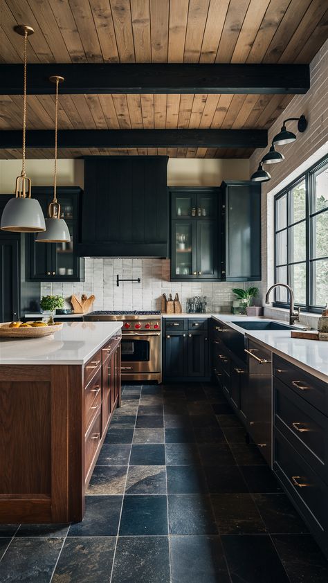 23 Dark Kitchen Ideas: Aesthetic Dark Kitchen Design with Cabinets, Countertops, and Backsplash Kitchen Flooring With Black Cabinets, Black Tiles Kitchen Floor, Wood Flooring Ideas Kitchen, Flooring With Black Cabinets, Dark Tile Floor Kitchen, Black Floor Tiles Kitchen, Kitchen Ideas With Dark Wood Floors, Dark Tile Kitchen Floors, Kitchen With Slate Floor