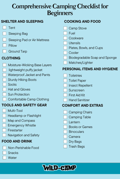 A detailed wild camping checklist for beginners, including essential items like a tent, sleeping bag, camp stove, and first aid kit. Perfect for planning your first outdoor adventure. Nature Checklist, Tent Camping Packing List, Trip Planning Checklist, Camping Packing List, Wild Camping, Packing Essentials, Packing Lists, Camping Items, Food Tent