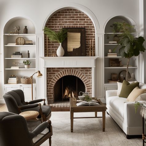 Brick Fireplace With Built Ins, Rustic Brick Fireplace, Style A Fireplace, Fireplace With Built Ins, Bookshelves Around Fireplace, Rustic Stone Fireplace, Red Brick Fireplaces, Formal Lounge, Style Fireplace