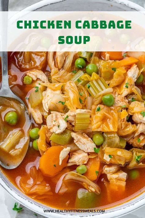 If you are looking for a vegetable soup recipe with cabbage this chicken cabbage soup is right up your alley. It is so delicious, hearty, and filling. Loaded with chicken and vegetables, this chicken cabbage soup recipe is full of flavor and so easy to make.  #chickensoup #soup #cabbagesoup via @healthyfitnessmeals Chicken Cabbage Soup Instant Pot, Chicken Vegetable Soup With Cabbage, Ground Chicken Cabbage Soup, Chicken Noodle Soup With Cabbage, Chicken Soup With Cabbage Recipes, Chicken And Root Vegetable Soup, Cabbage Chicken Soup Recipes, Chicken And Cabbage Recipes Crock Pots, Chicken And Cabbage Crockpot Recipes