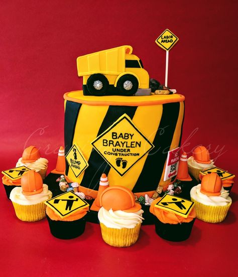 Under Construction baby shower cake Under Construction Birthday Cake, Construction Themed Baby Shower Ideas, Cupcake Cake Construction Theme, Under Construction Cake, Baby Shower Construction Theme, Heavy Equipment Baby Shower Ideas, Tonka Truck Cake, Construction Baby Shower Theme, Sprinkle Decorations