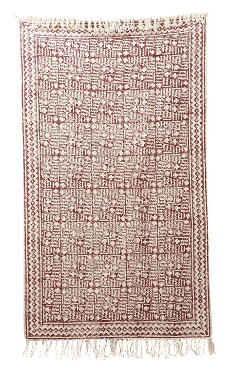 A new, cotton, hand-blocked, printed rug. This orangey, maroon rug has an intricate, detailed, print and fringe on the ends of the rug. New… Big Yarn Blanket, Maroon Rug, Big Yarn, Apothecary Candles, Printed Rug, Rugs And Carpet, Candle Gift, Sale House, Wedding Shop