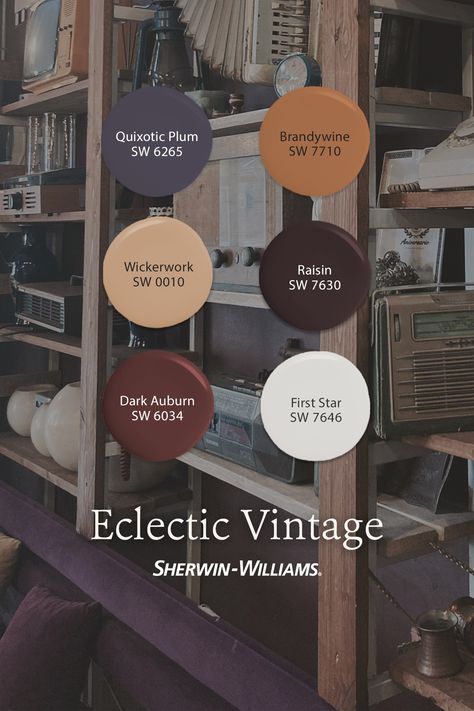 Bring the nostalgia of yesterday into the present day with paint colors from Sherwin-Williams. Our Eclectic Vintage palette features earthy neutrals like Quixotic Plum SW 6265, Raisin SW 7630, and Dark Auburn SW 6034. Tap this pin to order free color chips of the entire grouping!  #SherwinWilliams #DIY #InteriorDesign #Color #Inspiration #Paint #HomeImprovement #ColorPalette #PaintColorPalette #Vintage #VintagePaintPalette Quixotic Plum Sherwin Williams, Sherwin Williams Dark Auburn, Sherwin Williams Raisin, Hall Paint, Plum Kitchen, Warm Neutral Paint Colors, Vintage Palette, Earthy Neutrals, Dark Auburn