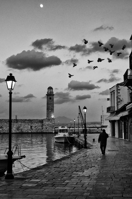 *Lighthouse - Old Venetian Port in the Old Town of Rethymno Black And White Photo Wall, Birds In The Sky, Early Evening, Black And White Picture Wall, Photo Walk, Black And White Landscape, Evening Walk, Old Port, Photo Vintage