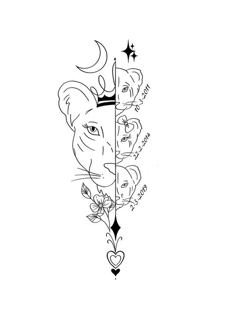 Lioness mother and cubs tattoo design with names for moms and Tattoos For Mom On Daughter, Mom Tattoo For 3 Kids, Tattoos With Kids Names For Moms, Cute Mom Tattoos, 3 Kids Tattoo Ideas, Tattoo Dedicated To Kids, Mother Love Tattoo, Baby Tattoos For Moms Unique, First Baby Tattoo Ideas Mom