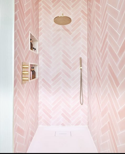 Tiny Bathroom Hacks, Pink Tile Bathroom, Pink Bathroom Tiles, Girly Bathroom, Aesthetic Interior Design, Bathroom Walls, Casas The Sims 4, Pink Tiles, Brick Tiles