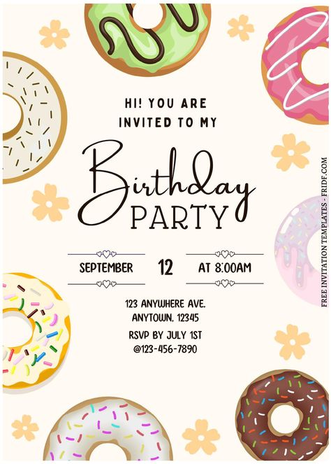 (Free Editable PDF) Lovely Sweet Donut Birthday Party Invitation Templates Donut Birthday Invitations, Donut Invitation Template, Birthday Invitation Template Free Editable, Donut Party Invitation, Donut Birthday Party Decorations, Donut Birthday Party Invitations, Donut Invitation, Doughnut Party, Donut Birthday Party