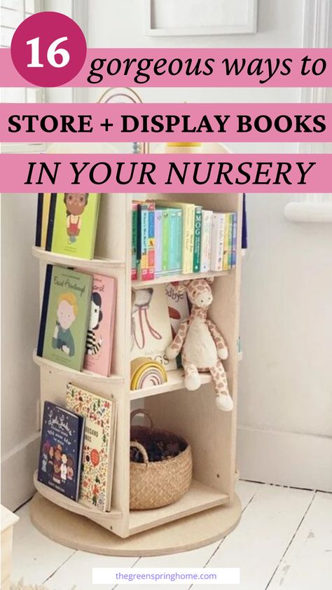 Books In Nursery, Kids Book Storage Ideas, Small Nursery Layout, Nursery Book Storage, Book Storage Ideas, Baby Bookshelf, Nursery Layout, Kids Book Storage, Small Baby Room