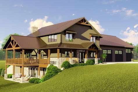 3 level rustic barndominium mountain home, 2 standard garages along with one rv garage, green and brown color combination with some gray stone accents, large green lawn with a lower level outdoor patio off the side of home with a deck above it off the main level House Plans With Basement, Barndo Ideas, Barn Plan, Wraparound Porch, Barndominium Plans, Basement House Plans, Barn Style House Plans, Spacious Kitchen, Basement House