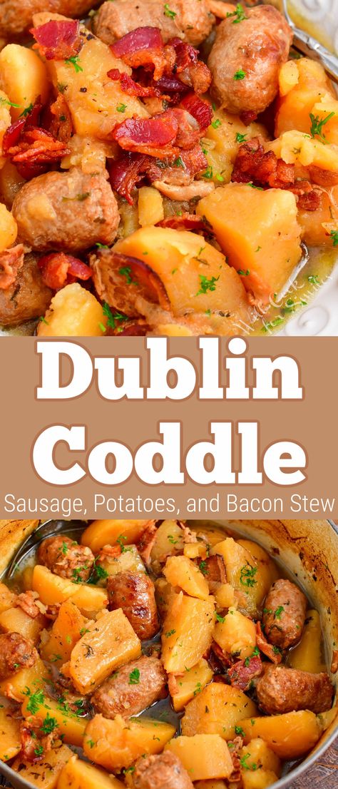 This Dublin Coddle is a truly remarkable dish made with a simple combination of bacon, onion, sausage, potatoes, and herbs. There's no better way to celebrate St. Patrick's Day than with a slice of soda bread and a heaping serving of delicious Dublin coddle! Irish Main Dish Recipes, Irish Potato Recipes, Easy Scottish Recipes, Irish Coddle Recipe Crock Pot, Irish Potatoes Recipe Easy, Coddle Recipe Irish, Irish Dishes Traditional, International Potluck Ideas, Irish Coddle Recipe