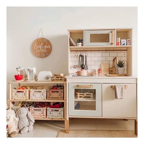 Ikea Kitchen Playroom, Tiny Land Play Kitchen, Kitchen Play Area For Kids, Kids Play Kitchen Area, Toddler Kitchen Play Area, Playroom Kitchen Area, Coastal Home Interior, Ikea Kids Kitchen, Toddler Play Kitchen