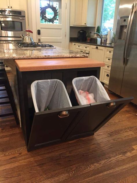 Recycling Kitchen Storage, Trash Bins Kitchen, Kitchen Trash Bin Ideas, Recycling And Garbage Storage, Hide Recycling Bins Kitchen, Clever Kitchen Island Storage, Rubish Ideas Kitchen, Trash Bin In Kitchen, Kitchen Bins Ideas