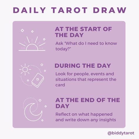 The Daily Tarot Card is one of my favorites! At the start of the day, ask, “What do I need to know today?” Pull a Tarot card, tap into the energy of the card, and start to listen to your intuition. Reflect on what that card might mean for you. As you go through the day look for people, events and situations that represent the card. Try to bring the card's energy into your daily activity. At the end of your day, reflect on what happened throughout the day. Take note of anything that happened that reminded you of the Tarot card. This is a great way to practice, and start your day off right. Tarot Daily Draw Questions, Daily Tarot Pull, Daily Tarot Card Pull, Card Of The Day Tarot, Tarot Card Of The Day, Daily Witchcraft, Tarot Meanings Cheat Sheets, Tarot Tricks, Tarot 101