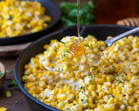 Honey Butter Skillet Corn Honey Butter Skillet Corn, Corn Side, Homemade Cream Corn, Skillet Corn, Taco Pasta Salad, Corn Side Dish, Carrots And Green Beans, Corn Dishes, Sauteed Zucchini