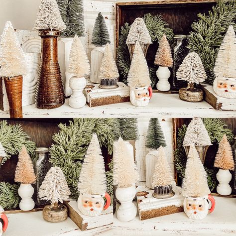 Fall Bottle Brush Trees, Bottle Brush Christmas Trees Display Mantle, Mini Trees Christmas Decorations, Vintage Bottle Brush Trees, Christmas Booth Decorating Ideas, Bottle Brush Christmas Trees Mantle, Bottle Brush Tree Ideas, Bottlebrush Trees Christmas Decor, Bottle Brush Tree Centerpiece