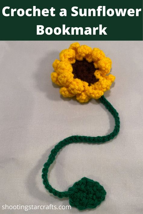 This free crochet pattern for a crochet sunflower bookmark is an easy quick project. Crochet Sunflower Bookmark, Sunflower Bookmark, Sunflower Leaf, Star Crafts, Sunflower Leaves, Stars Craft, Crochet Sunflower, Crochet Bookmarks, How To Make Bookmarks