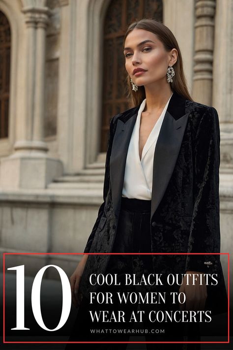 Dive into these 10 must-see black outfits for concerts! From edgy glam to casual cool, these outfits provide the ultimate inspiration for your next concert night out. #ConcertInspo #Fashionista #AllBlackOutfit Black Concert Outfits, Cool Black Outfits, Black Going Out Outfit, Outfits For Concerts, Black Outfits For Women, Chic Black Outfits, Concert Style, Edgy Leather Jacket, Edgy Glam