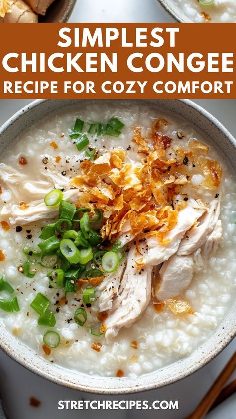 Looking for an easy chicken congee recipe? Our version is simple enough to make even when you're feeling under the weather. Ready in less than an hour for instant comfort! Save this homemade chicken congee now and visit our blog for the full guide. Easy Congee Recipe, Chicken Congee Recipe, Food When Sick, Eat When Sick, Chicken Congee, Congee Recipe, Sick Food, Best Rice Recipe, Chinese Breakfast