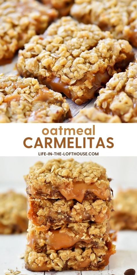 Oatmeal Carmelitas - Life In The Lofthouse Oatmeal Carmelitas, Carmelitas Recipe, Butterfinger Bars, Easy Bars, Oat Crust, Oat Bar Recipes, Gooey Bars, Chocolate And Caramel, Chocolate Oatmeal Cookies