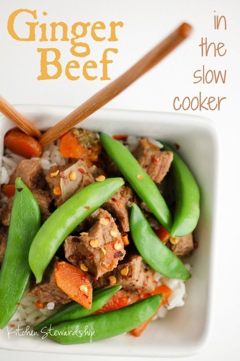 Slow cooker ginger beef - a super simple real food recipe for busy families! Part of the Ginger Challenge at Kitchen Stewardship Ginger Beef Crockpot Recipes, Ginger Beef Recipe, Ginger Beef, Healthy Beef, Paleo Crockpot, Arrowroot Powder, Balanced Nutrition, Beef Recipe, Healthy Veggies