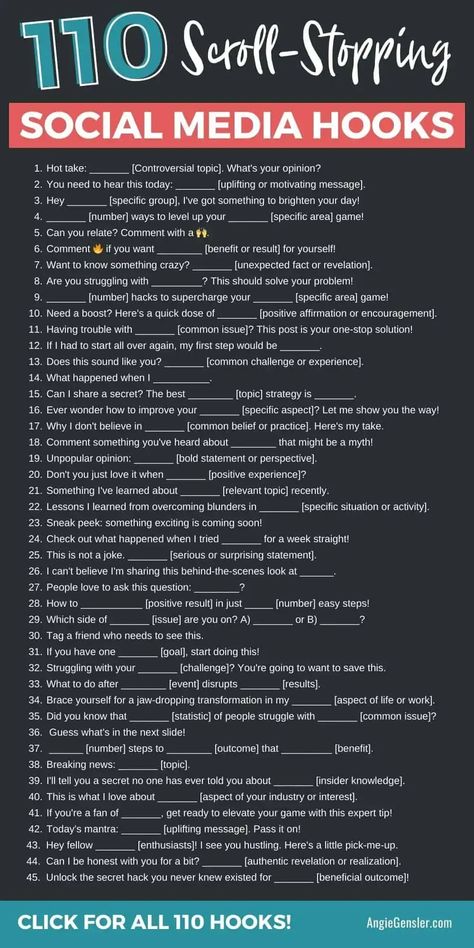 Check out this list of 110 social media hooks designed to grab attention. These hooks can be used to create engaging and compelling social media posts that are more likely to capture the interest of your audience. How To Use Social Media For Business, Content Hooks Instagram, How To Create Engaging Content, Social Media Fundraising Post, Social Media Hook Ideas, Social Media Hooks, Posting Schedule Social Media, Social Media Engagement Posts, Social Media Hacks