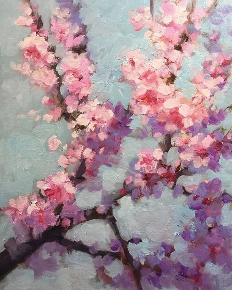 Flower Art Painting Oil, Cherry Blossom Aesthetic Drawing, Spring Painting Aesthetic, Cherry Blossom Artwork, Cherry Blossom Oil Painting, How To Paint Cherry Blossoms, Pretty Things To Paint, Aesthetic Painting Flowers, Pretty Flower Paintings