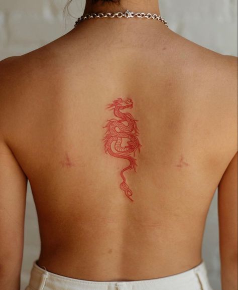 Dragon Tattoo Back, Red Dragon Tattoo, Small Dragon Tattoos, Chinese Dragon Tattoos, Dragon Tattoo For Women, Spine Tattoos For Women, Red Ink Tattoos, Red Tattoos, Spine Tattoos