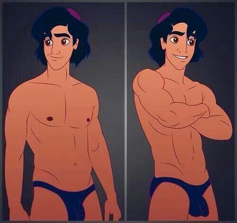 Another pinned said "Rub it. You get three wishes they  say..." Disney Gender Swap, Disney Dudes, Aladdin Art, Cute Guy Pics, Animated Man, Disney Princes, Anime Guys Shirtless, Disney Men, Guy Drawing