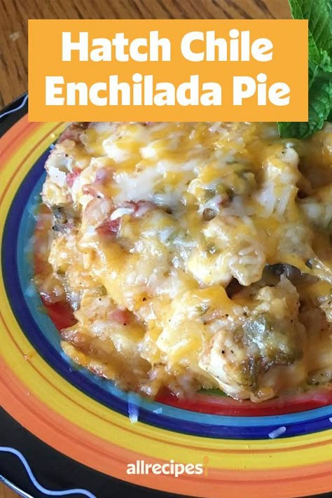 Hatch chiles are known for being a delicious combination of sweet and spicy, and this Hatch chile enchilada pie is a great way to use them while they’re in season. The Mexican dinner recipe combines Hatch chile peppers, chicken thighs, onion, tomatoes, and cheese to create a tasty, easy weeknight recipe. Hatch Green Chili Chicken Pot Pie, Hatch Chile Peppers Recipes, Hatch Chili Recipes Crock Pot, Hatch Chili Pepper Recipes, 505 Hatch Green Chile Recipes, Fresh Hatch Chili Recipes, Green Chile Beef Enchiladas, Hatch Chili Chicken Recipes, Hatch Chili Enchiladas