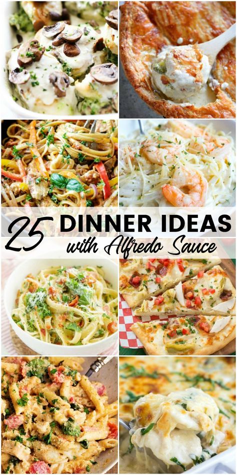 Alfredo lovers will swoon for these 25 Dinner Ideas with Alfredo Sauce!! Creamy, rich, and completely delicious, these supper recipes will make everyone smile! Dinner Recipes With Alfredo Sauce, Recipes Using Alfredo Sauce Dinners, Alfredo Sauce Ideas, Different Alfredo Recipes, Food With Alfredo Sauce, Alfredo Ideas Dinners, Dinner With Alfredo Sauce, Alfredo Dishes Dinners, Alfredo Meals Dinners