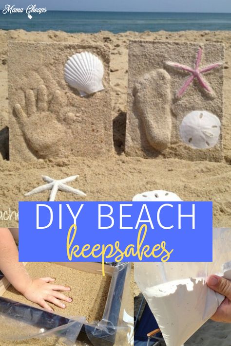 Check out this adorable DIY idea for your next beach vacation! We used the beach sand and plaster of Paris to create these handprint and footprint keepsakes! The end result of these pieces? Beautiful beachy decor that will look pretty in your home or beach house!  Plus, the handprints and footprints are a sweet way to commemorate this time! #beach #familytravel #diy #mamacheaps Beach Sand Crafts Diy, Beach Keepsake Ideas, Beach Theme Footprint Art, Sand Handprint, First Beach Trip Keepsake, Beach Sand Keepsake Diy, Beach Keepsake Ideas For Kids, Plaster Of Paris Beach Crafts, Beach Sand Keepsake