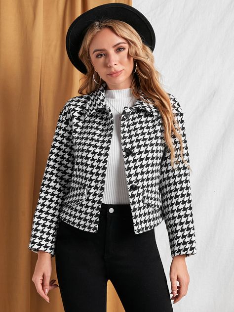 Houndstooth Jacket Outfit Winter, Black And White Tweed Jacket Outfit, Houndstooth Jacket Outfit, Check Jacket Outfit, Kashmir Outfits, White Tweed Jacket Outfit, Sew Wardrobe, Black And White Tweed Jacket, Houndstooth Outfit