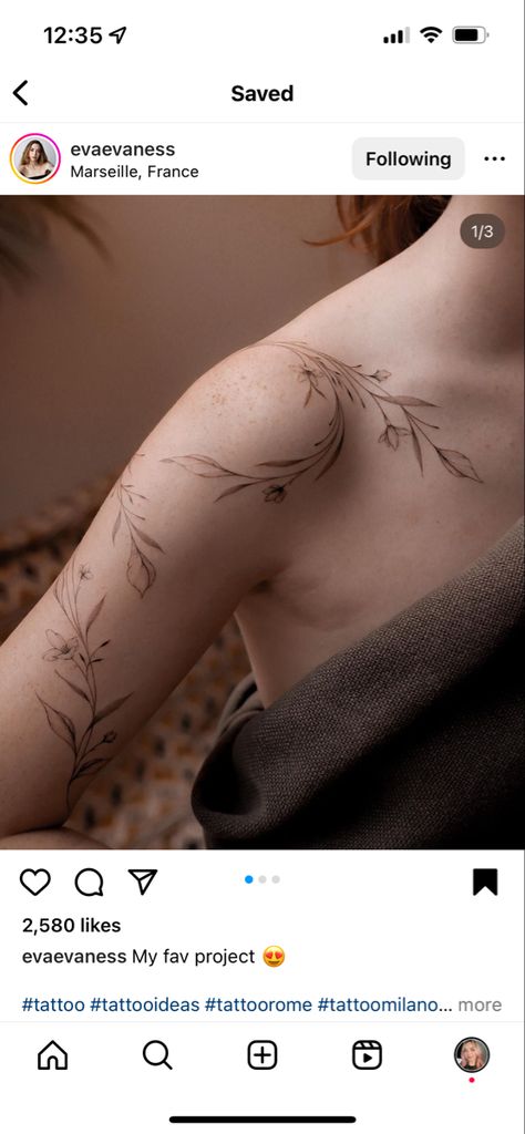 Shoulder To Collar Bone Tattoo, Vine Collar Bone Tattoo, Tattoo Ideas Upper Arm, Brown Tattoo Ink, Side Hip Tattoos, Shoulder Cap Tattoo, Browning Tattoo, Wrap Around Tattoo, Quarter Sleeve Tattoos