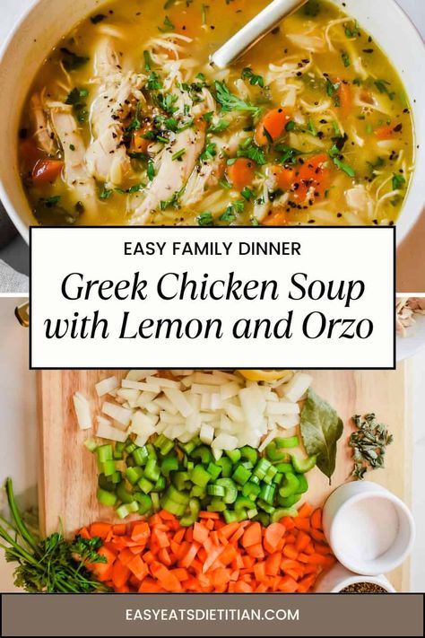 Greek Chicken Soup with Lemon and orzo Chicken Orzo Soup With Lemon, Orzo Chicken Soup Recipes, Chicken Soup With Orzo Pasta, Greek Chicken Orzo Soup, Mediterranean Diet Soups, Lemon Chicken Soup Greek, Chicken Orzo Soup Recipes, Chicken Orzo Soup Instant Pot, Greek Chicken And Rice Soup