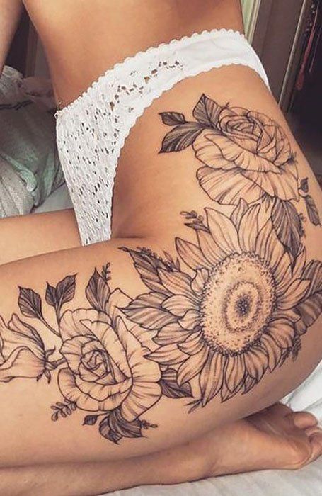 23 Beautiful Sunflower Tattoos for Women - The Trend Spotter Tattoo Bein Frau, Thigh Tats, Tattoos For Women On Thigh, Flower Thigh Tattoos, Hip Thigh Tattoos, Hip Tattoos Women, Leg Tattoos Women, Sunflower Tattoos, Tattoo Girls