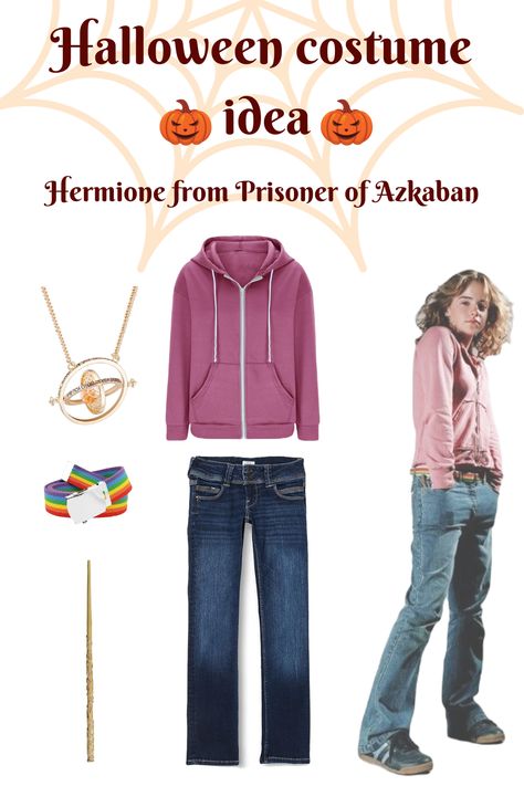 Transform into Hermione Granger from 'Prisoner of Azkaban'! It's perfecr Halloween costume for magical party. Make it a couple costume and add another wizard! Follow for more inspirations! Harry Potter Hermione Costume, Hermione Granger Prisoner Of Azkaban Outfit, Diy Hermione Granger Costume, Hermione Granger Outfits Inspiration, Halloween Costumes With Jeans, Hermione Granger Prisoner Of Azkaban, Hermione Granger Halloween Costume, Hermione Granger Halloween, Hermione Granger Cosplay