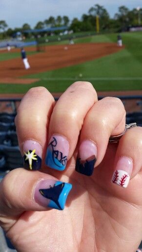 Tampa Bay Rays Nails! Tampa Bay Rays Nails, Baseball Nail Designs, Baseball Nails, Rays Baseball, Acrylic Nails Coffin Short, Tampa Bay Rays, Acrylic Nails Coffin, Nails Coffin, Cute Nail Designs