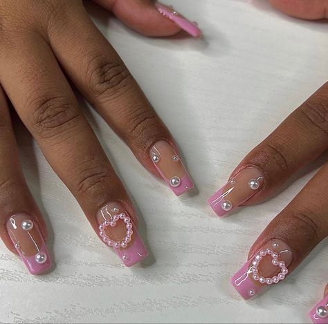 Valentine Nails Coffin, Gel X Nail Art, Pink Pearl Nails, Pink French Tip Nails, Hawaiian Nails, French Tip Gel Nails, Pink French Tip, Gel X Nails, X Nails