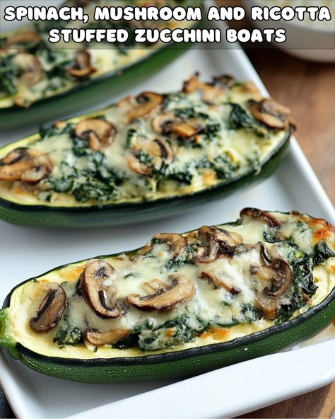 Mushroom Ricotta, Zucchini Boat Recipes, Stuffed Zucchini Boats, Spinach Mushroom, Avocado Toast Recipe, Stuffed Zucchini, Zucchini Boats, Scallop Recipes, Garlic Butter Chicken