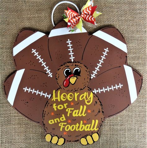 Hooray For Fall & Football Wood Wooden Welcome Sign Wall Art | Etsy Country Wood Crafts, Turkey Football, Art Door, Snowman Sign, Painted Door, Door Plaque, Wooden Welcome Signs, Wooden Wreaths, Fall Football