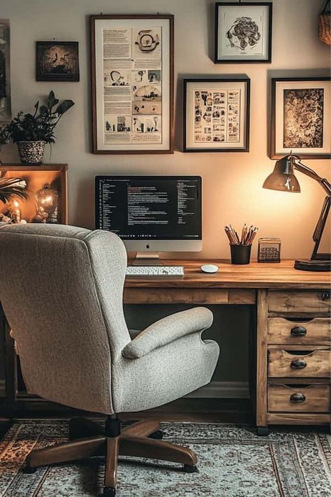 28 Home Office Ideas That You Should Try - Drop By My Home Realtor Home Office, Small Home Office Room, Man Home Office, Home Office Dark, Organize Office Space, Home Desks, Dark Wood Desk, Staircase Decor Ideas, Feminine Home Offices