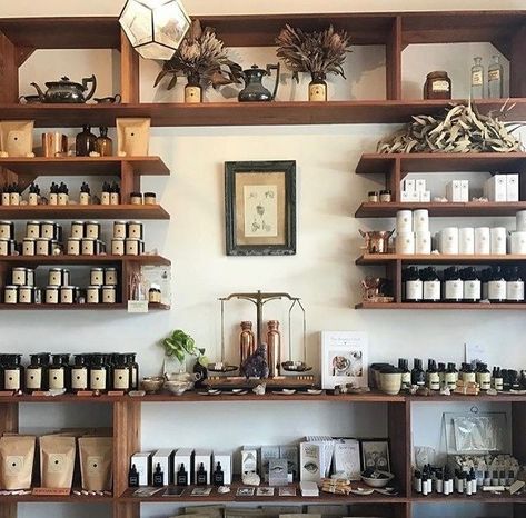 Apothecary Retail Design, Apothecary Merchandising, Round Table Merchandising Retail Displays, Apothecary Design Interior, Modern Apothecary Design, Herb Shop Interior, Apothecary Business Ideas, Holistic Shop Decor, Apothecary Store Design