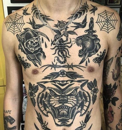 Traditional Chest Tattoo, Traditonal Tattoo, Traditional Black Tattoo, Torso Tattoos, Traditional Tattoo Sleeve, Pieces Tattoo, Half Sleeve Tattoos For Guys, Inspiration Tattoos, Chest Piece Tattoos