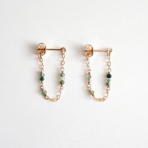 Tiny Gemstone Chain Hoop Stud Earrings - Moss Agate Small Gemstone Jewelry, Simple Stone Earrings, Beaded Gemstone Earrings, Tiny Gemstone Jewelry, Cute Dainty Earrings, Diy Dainty Earrings, Silver Handmade Earrings, Minimalist Gemstone Jewelry, Stud Dangle Earrings