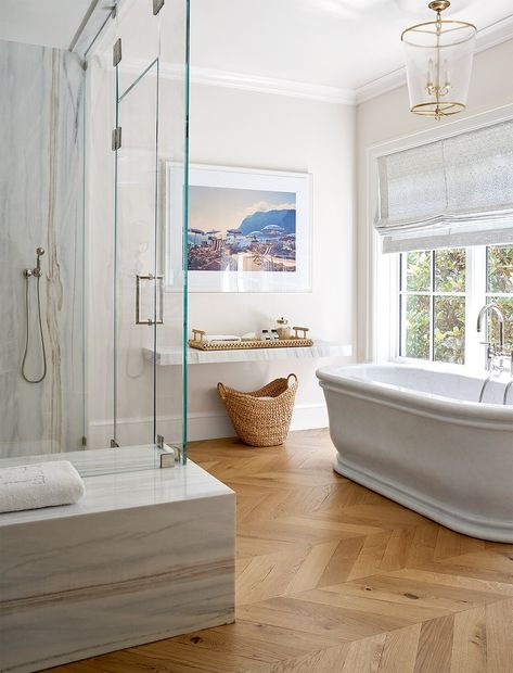 bath-herringbone-wood-floor-white-marble-15474c76 Master Bath With Wood Floor, White Marble Shower, Cedar House, Wood Floor Bathroom, Marble Tub, Parquet Floor, Herringbone Wood Floor, Herringbone Wood, Sophisticated Bathroom