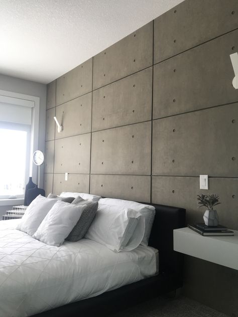 Concrete Bedroom Wall, Panels In Bedroom, Concrete Wall Bedroom, Industrial Concrete Wall, Concrete Wall Finish, Concrete Panels Interior, 2023 Homes, Concrete Interior Wall, Concrete Walls Diy