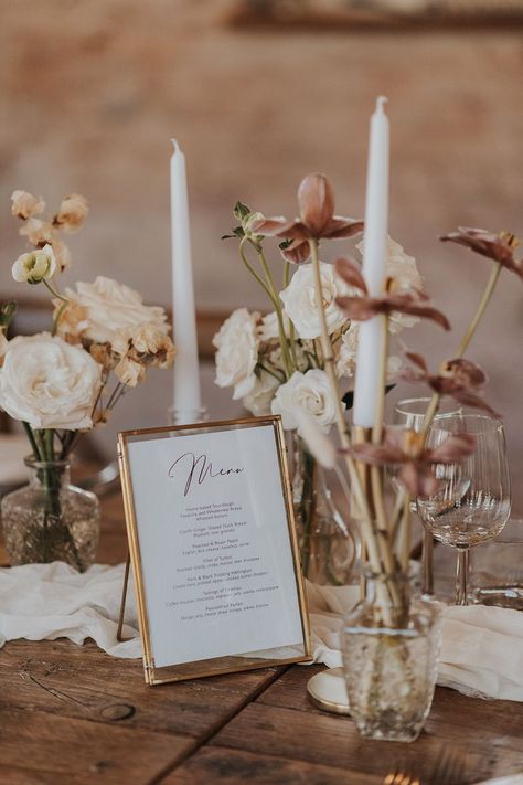 White taper candles in gold candleholders with pale pink and white wedding flowers with a menu stationery in a gold photo frame Wedding Dress With Split, Wedding Stationery Ideas, Wedding Candles Table, Place Cards Wedding, Pink And White Weddings, Stationery Ideas, Vow Books, Dress With Split, Rock My Wedding