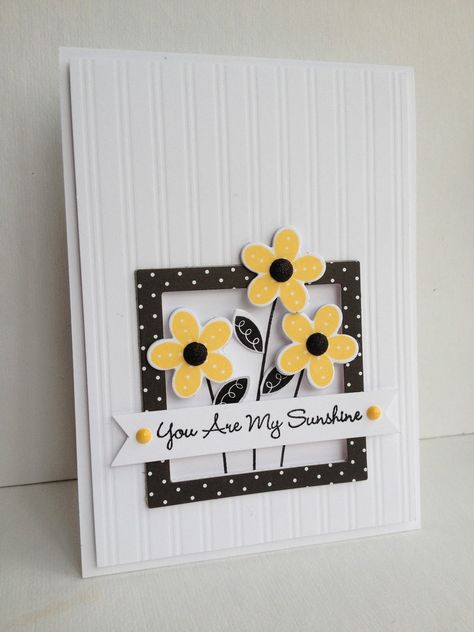 handmade card ... clean and simple ... yellow punched flowers on top of a black polka dot frame ... luv the sharp look of yellow and black ... Cricut Cards, Embossed Cards, Papertrey Ink, Card Making Inspiration, My Sunshine, Card Sketches, Card Layout, Simon Says Stamp, Simon Says